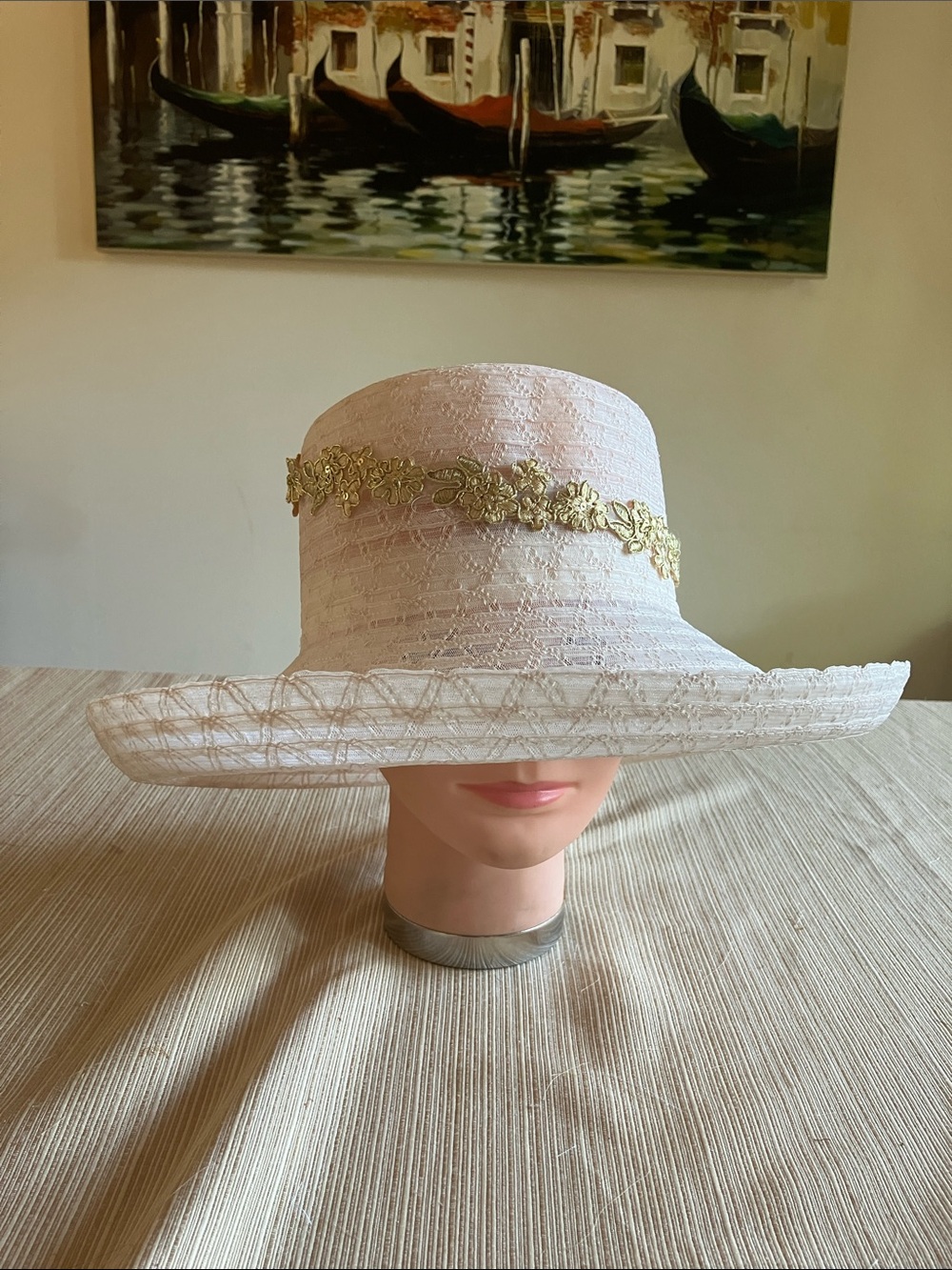 Elegant Women's Wide-Brim Hat with Gold Embroidered Floral Trim